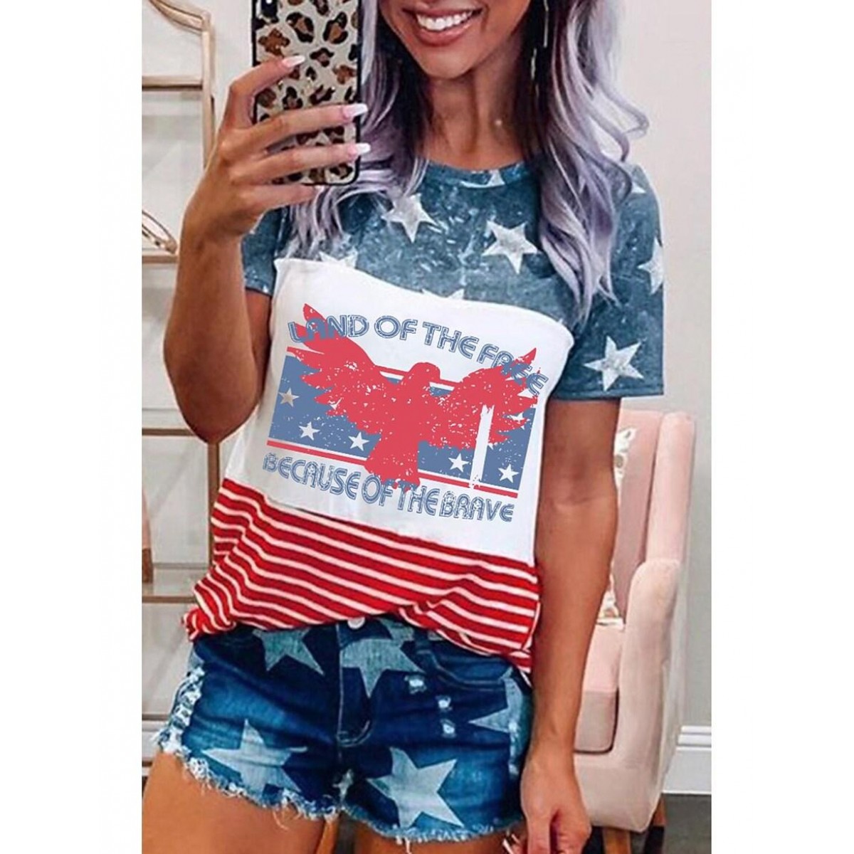 2022 new european and american independence day printed short sleeve top   summer new ladies loose